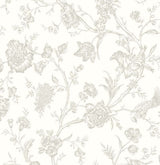 Jasmine Chinoiserie peel and stick wallpaper in Harbor Mist with delicate floral branches and birds