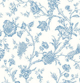 Carolina blue chinoiserie floral and bird peel and stick wallpaper pattern on off-white ground