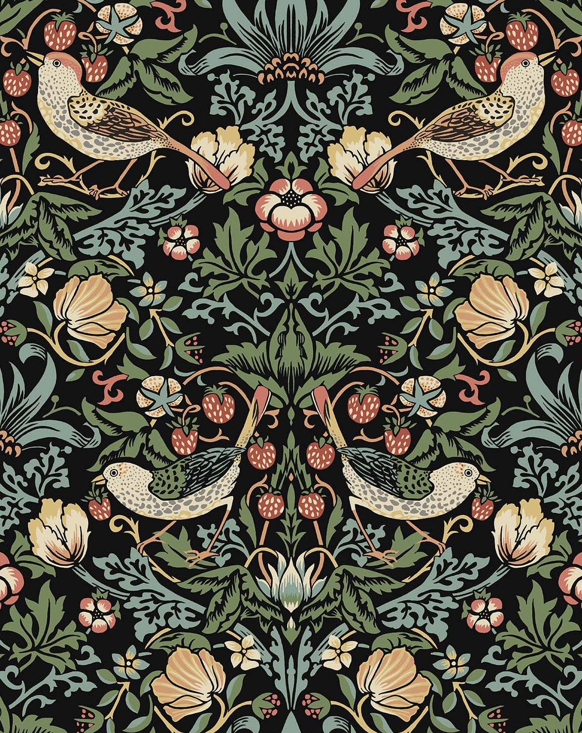 Aves Garden peel and stick wallpaper in an ebony black ground with vintage botanical vines, flowers, and birds.