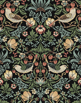 Aves Garden peel and stick wallpaper in an ebony black ground with vintage botanical vines, flowers, and birds.