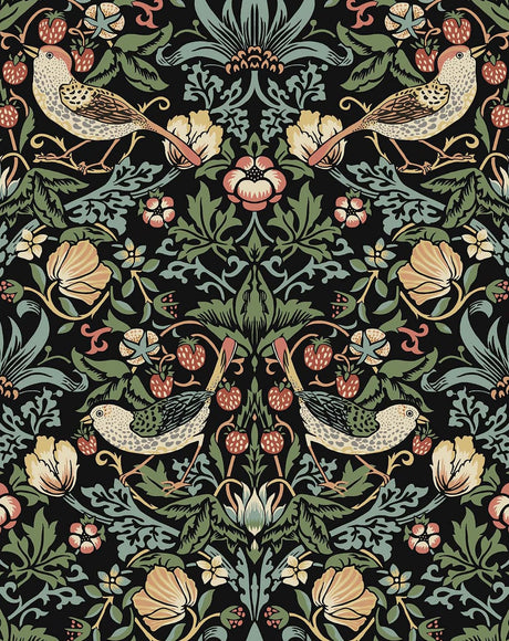 Aves Garden peel and stick wallpaper in an ebony black ground with vintage botanical vines, flowers, and birds.