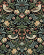 Aves Garden peel and stick wallpaper in an ebony black ground with vintage botanical vines, flowers, and birds.