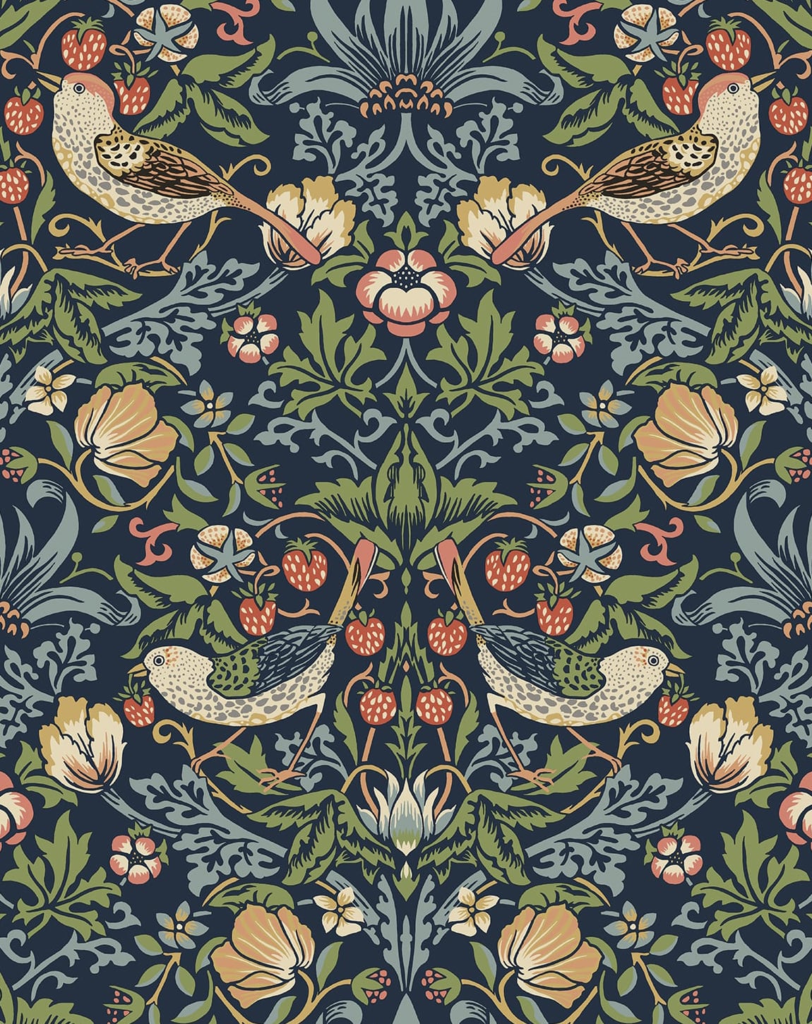 Aves Garden peel and stick wallpaper in midnight blue with vintage botanical florals, birds, and strawberry motifs