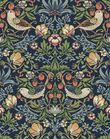 Aves Garden peel and stick wallpaper in midnight blue with vintage botanical florals, birds, and strawberry motifs