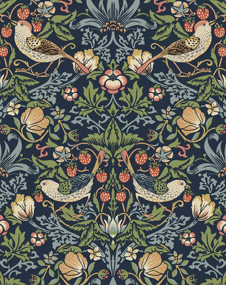 Aves Garden peel and stick wallpaper in midnight blue with vintage botanical florals, birds, and strawberry motifs
