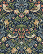 Aves Garden peel and stick wallpaper in midnight blue with vintage botanical florals, birds, and strawberry motifs