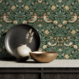 Aves Garden Forest Green by NextWall Vintage Botanical Bird Peel & Stick Wallpaper – NextWall NW43704