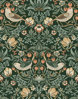 Vintage botanical peel and stick wallpaper with birds, leaves, and strawberries on a dark forest green ground