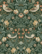 Vintage botanical peel and stick wallpaper with birds, leaves, and strawberries on a dark forest green ground