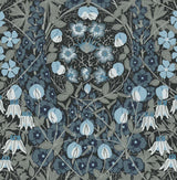 Tulip Garden Bluestone peel and stick vintage floral wallpaper with stylized tulips and vine motifs in blue and grey on a dark ground.