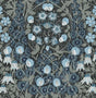 Tulip Garden Bluestone peel and stick vintage floral wallpaper with stylized tulips and vine motifs in blue and grey on a dark ground.