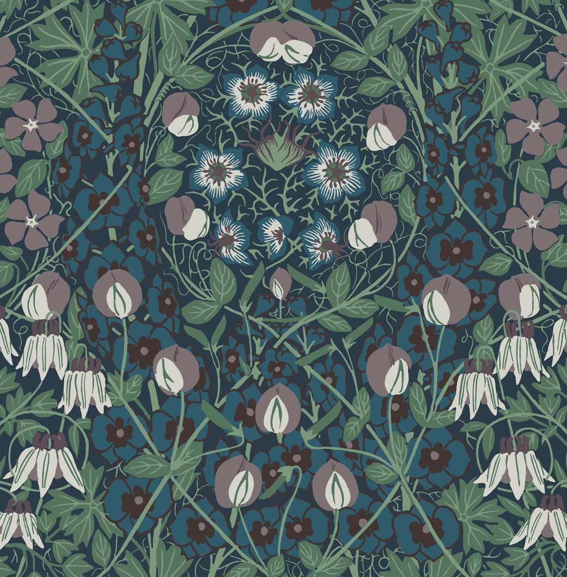 Tulip Garden peel and stick wallpaper in deep ocean blue with purple and green vintage floral pattern
