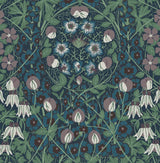 Tulip Garden peel and stick wallpaper in deep ocean blue with purple and green vintage floral pattern
