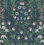 Tulip Garden peel and stick wallpaper in deep ocean blue with purple and green vintage floral pattern