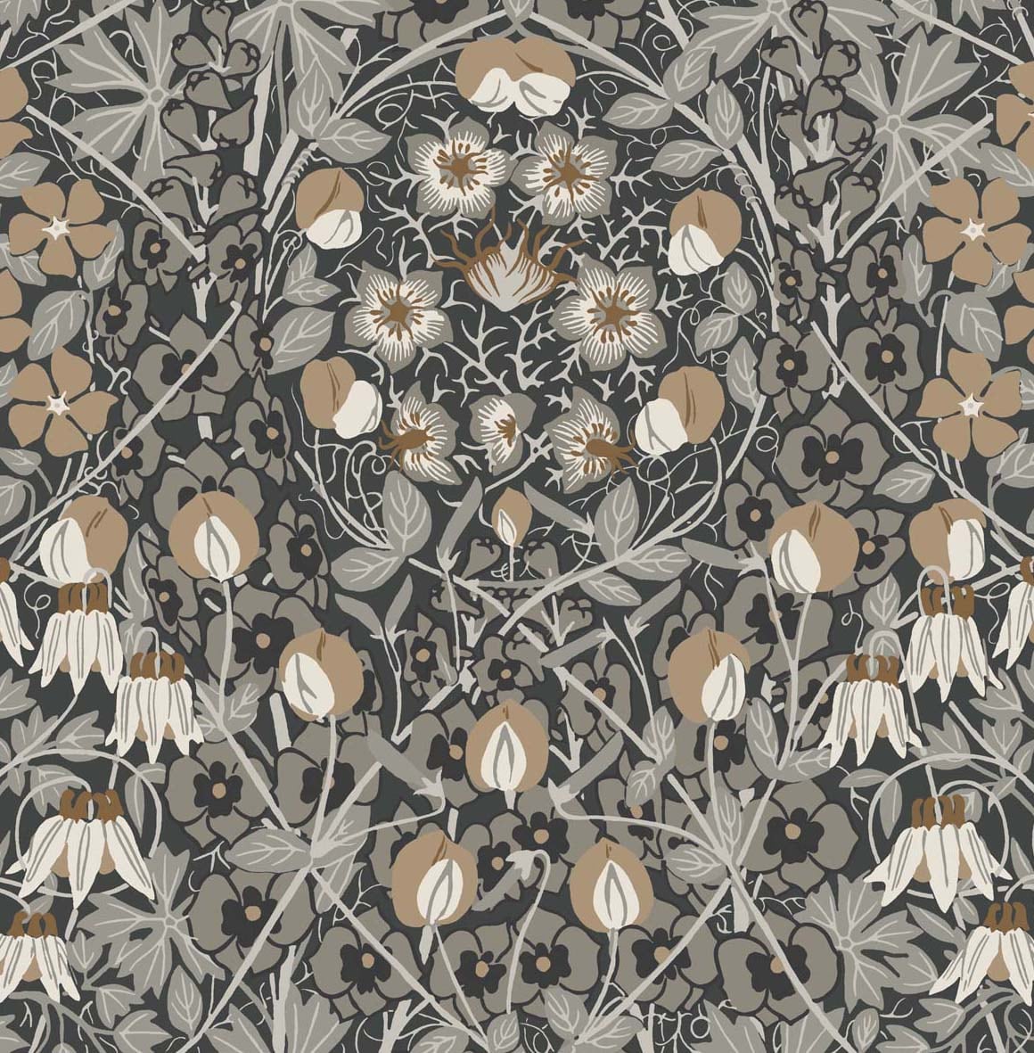 Tulip Garden peel and stick wallpaper in wrought iron grey and chamois floral vintage pattern