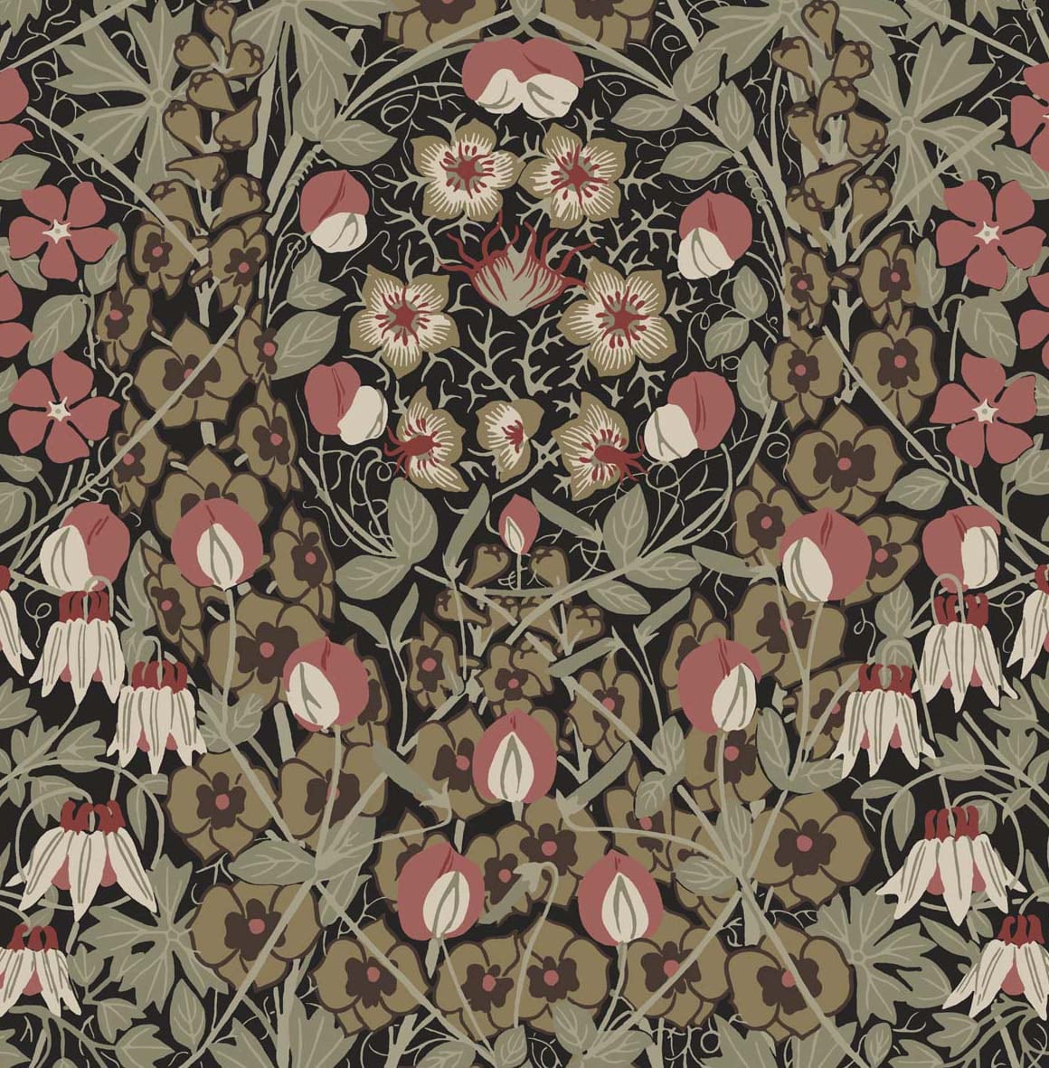 Tulip Garden peel and stick wallpaper in ebony black with red clay floral tulip pattern