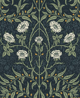 Vintage stenciled floral peel and stick wallpaper in navy and sage with cream flowers