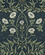 Vintage stenciled floral peel and stick wallpaper in navy and sage with cream flowers