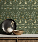 Stenciled Floral Evergreen by NextWall Peel & Stick Vintage Floral Peel & Stick Vinyl Wallpaper – NextWall NW43904