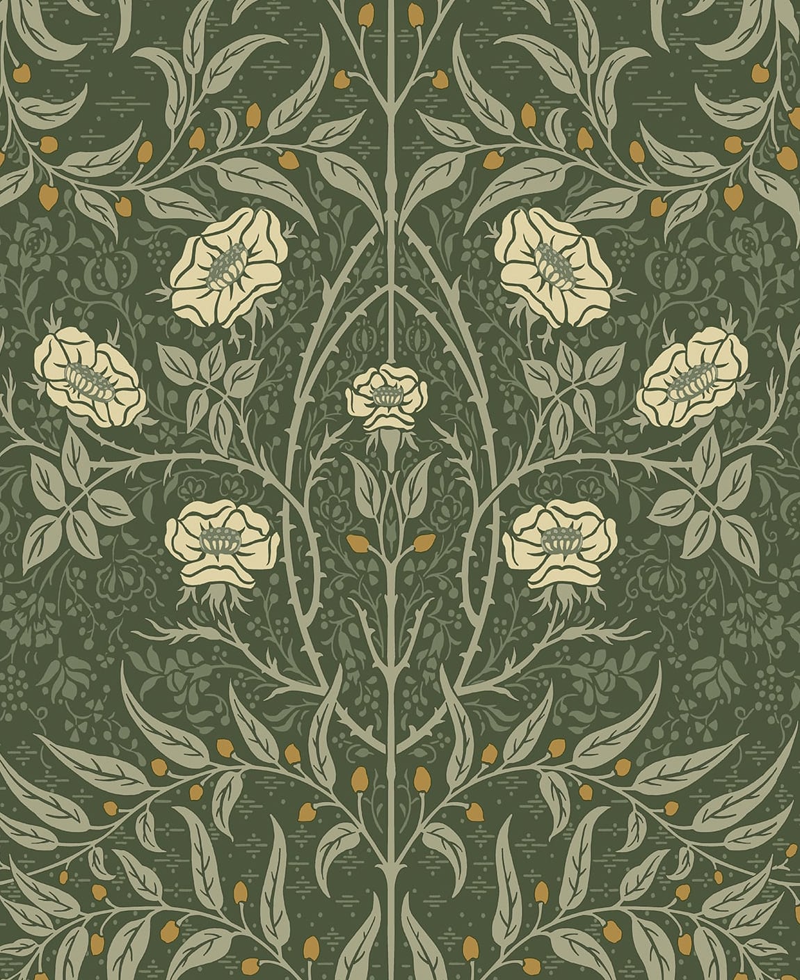 Vintage stenciled floral peel and stick wallpaper in evergreen green with cream flowers and leafy vines
