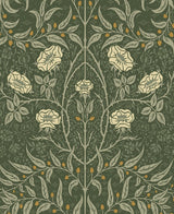 Vintage stenciled floral peel and stick wallpaper in evergreen green with cream flowers and leafy vines