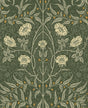 Vintage stenciled floral peel and stick wallpaper in evergreen green with cream flowers and leafy vines