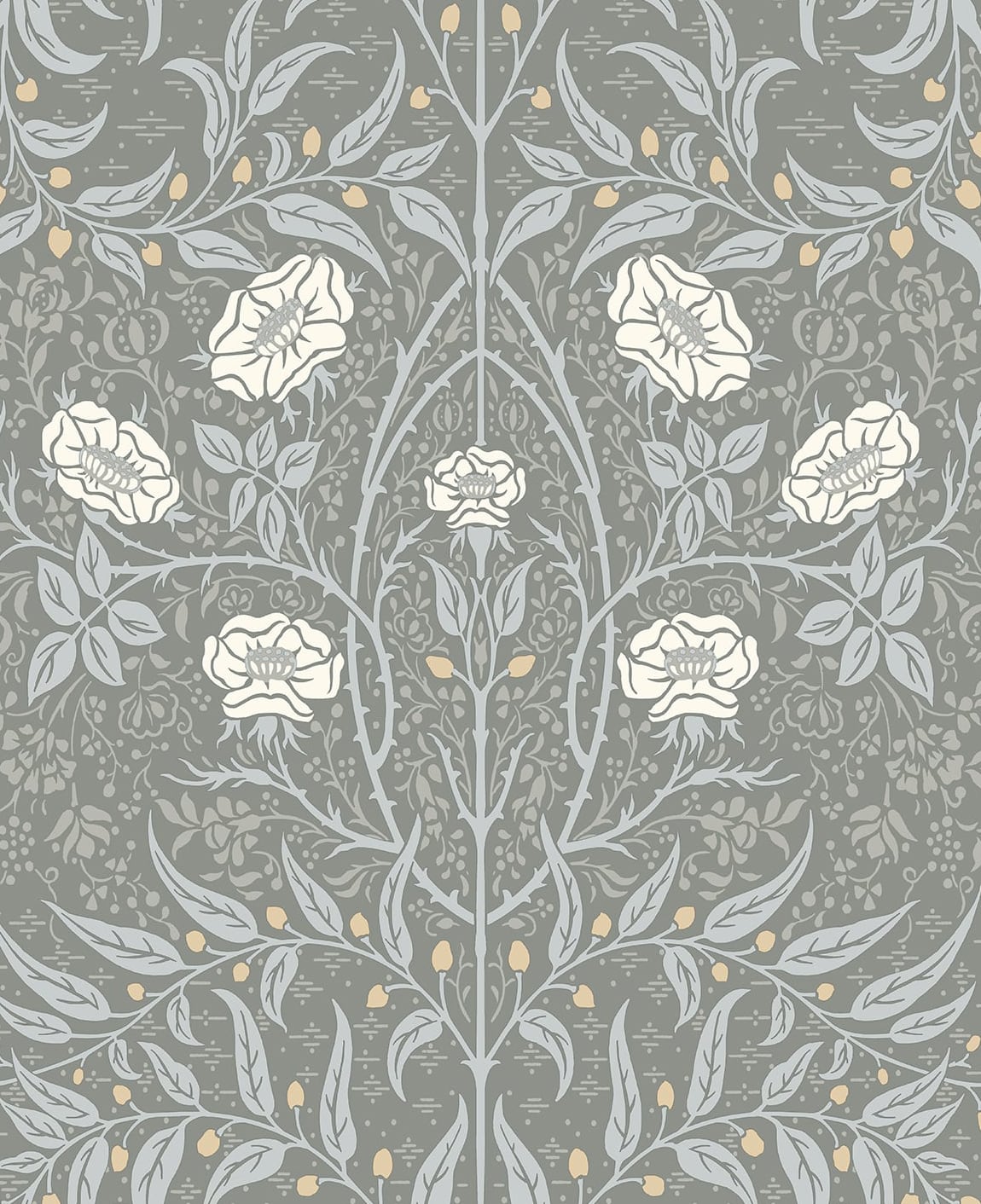 Stenciled Floral peel and stick wallpaper in alloy grey with vintage floral vines