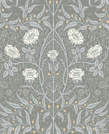 Stenciled Floral peel and stick wallpaper in alloy grey with vintage floral vines