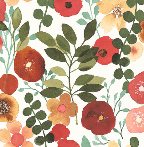 Garden Dance Ruby & Hunter Green watercolor floral peel and stick wallpaper pattern