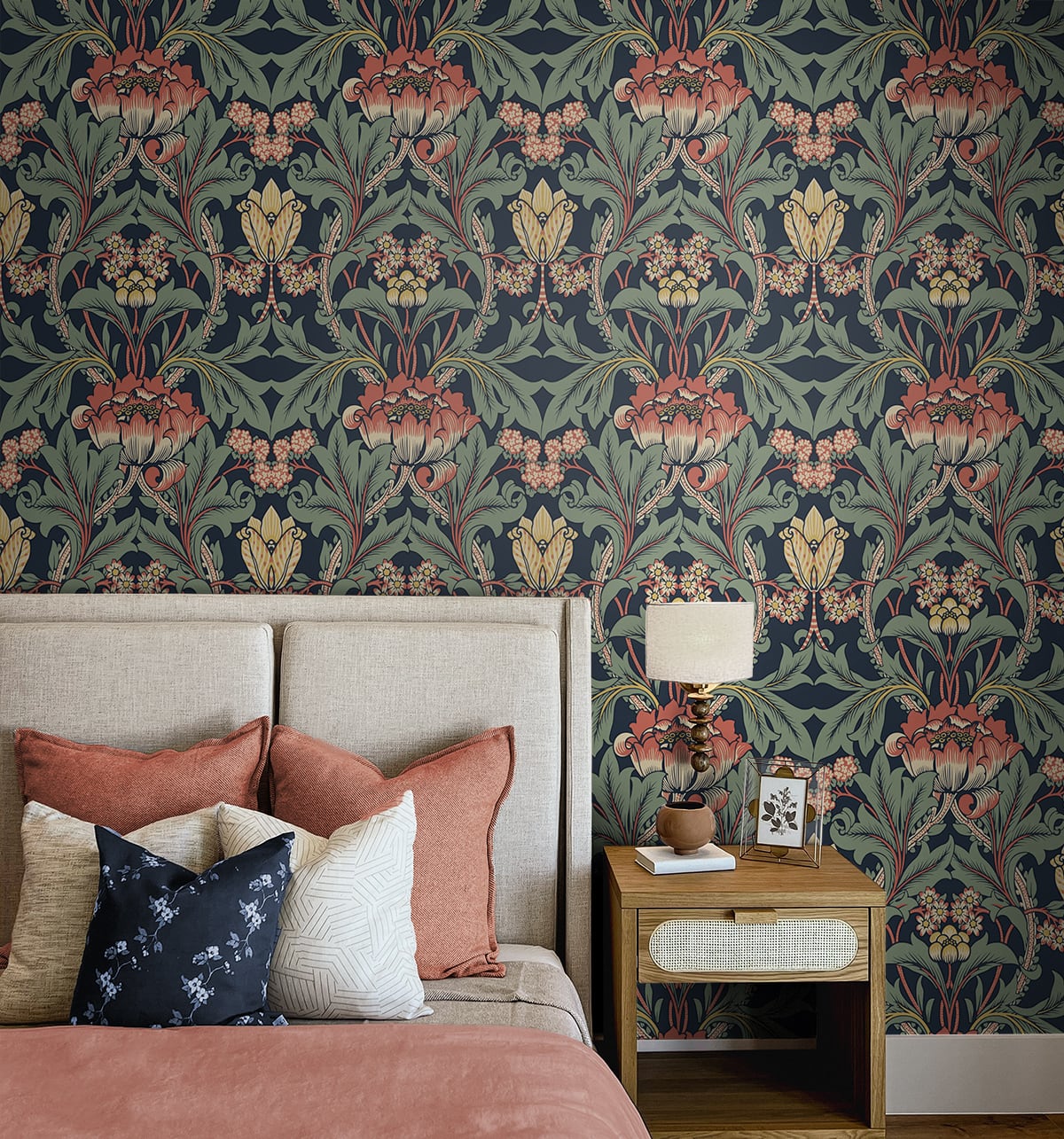 Primrose Floral Denim Blue & Auburn by NextWall Peel & Stick Floral Wallpaper – NextWall NW44402
