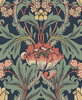 Primrose Floral peel and stick wallpaper in denim blue and auburn with a vintage floral motif.