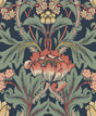 Primrose Floral peel and stick wallpaper in denim blue and auburn with a vintage floral motif.