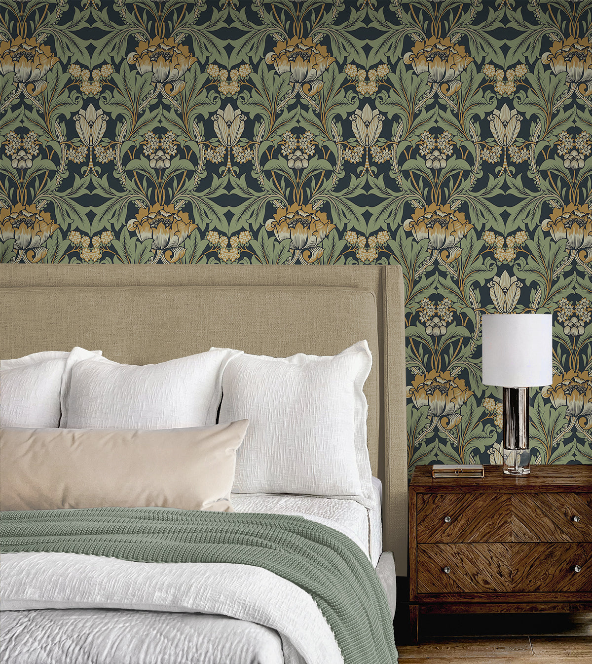 Primrose Floral Midnight Blue & Goldenrod by NextWall Peel & Stick Vintage Floral Peel & Stick Wallpaper – NextWall NW44404