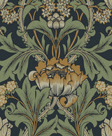 Primrose Floral peel and stick wallpaper in midnight blue with goldenrod and sage botanical flowers