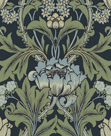 Vintage primrose floral peel and stick wallpaper in midnight blue and sage with a matte finish.