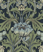 Vintage primrose floral peel and stick wallpaper in midnight blue and sage with a matte finish.