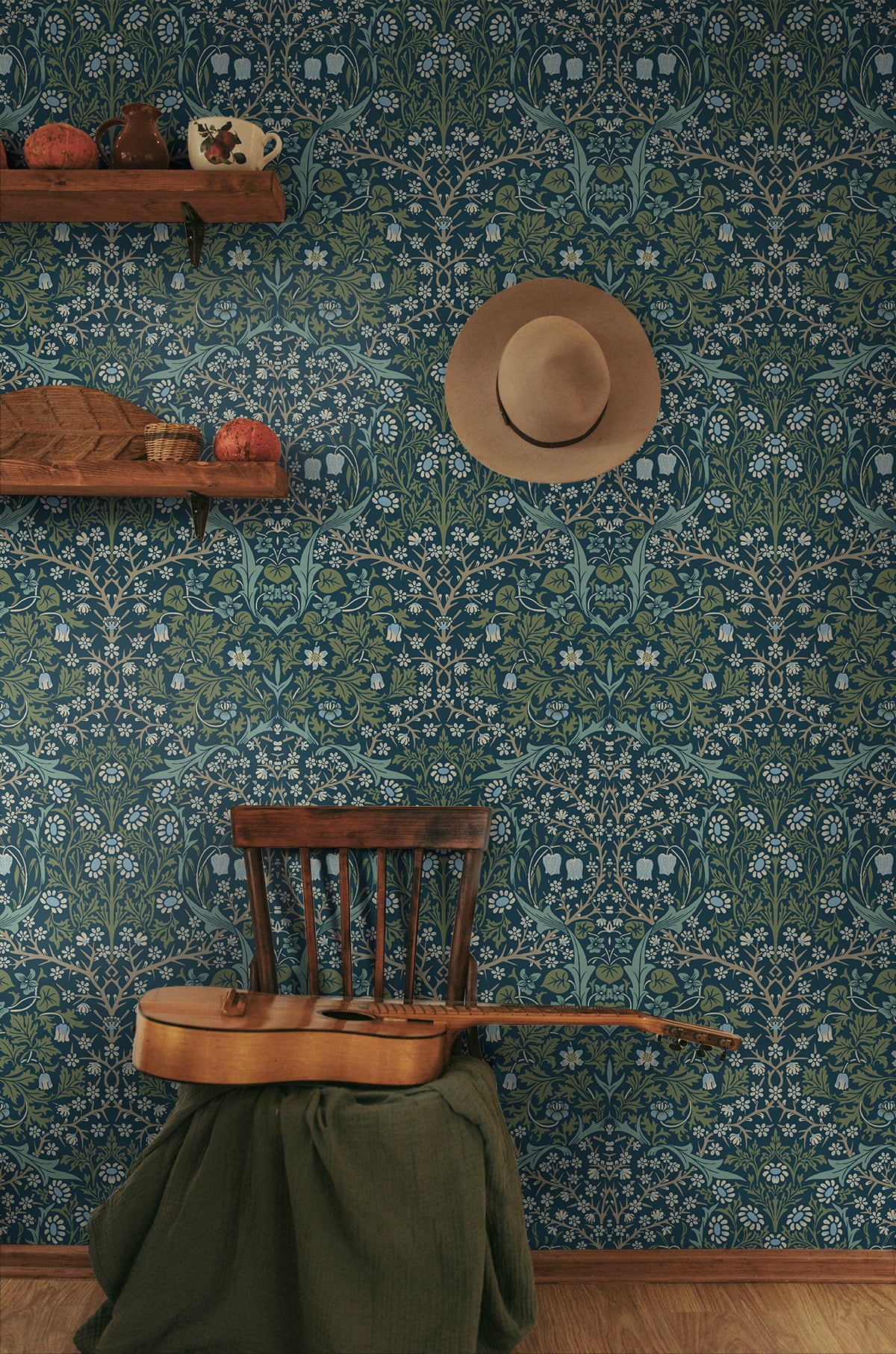 Victorian Garden Prussian Blue & Moss Green by NextWall Peel & Stick Vintage Floral Peel & Stick Wallpaper – NextWall NW44502