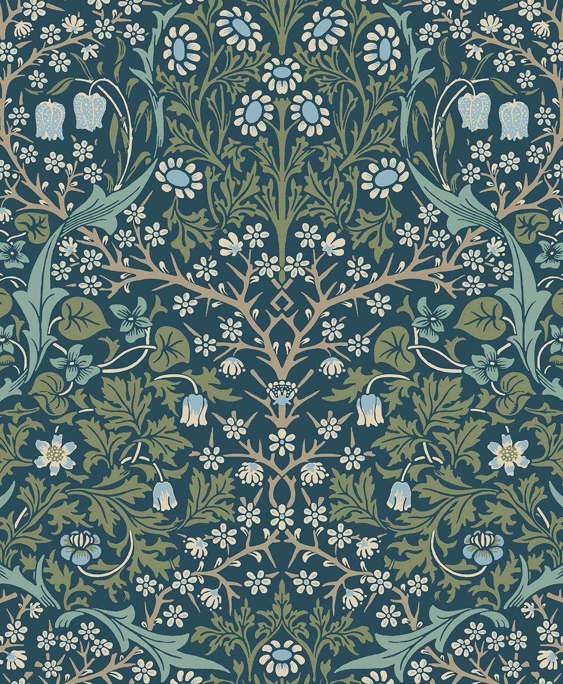 Victorian Garden peel and stick wallpaper in Prussian blue and moss green with a vintage floral pattern.