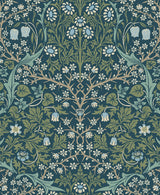 Victorian Garden peel and stick wallpaper in Prussian blue and moss green with a vintage floral pattern.