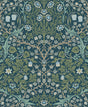 Victorian Garden peel and stick wallpaper in Prussian blue and moss green with a vintage floral pattern.