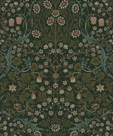 Victorian Garden peel and stick wallpaper in deep green with vintage floral and scrolling leaf motifs