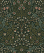 Victorian Garden peel and stick wallpaper in deep green with vintage floral and scrolling leaf motifs