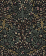Victorian Garden “Blacksmith & Cliffside” vintage floral peel and stick wallpaper pattern in deep green, brown, and black tones.