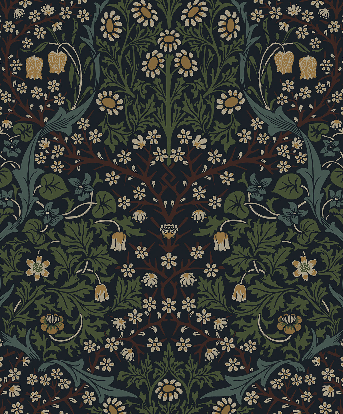 Victorian Garden peel and stick wallpaper in midnight blue and evergreen floral pattern