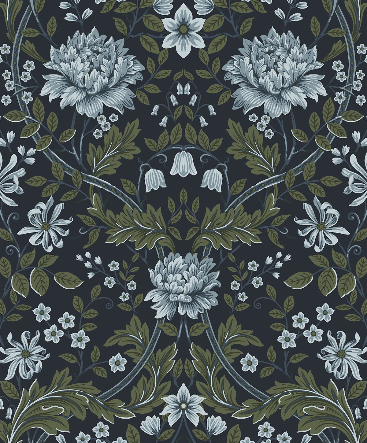 Honeysuckle Trail blue and sage vintage floral peel and stick wallpaper pattern by NextWall