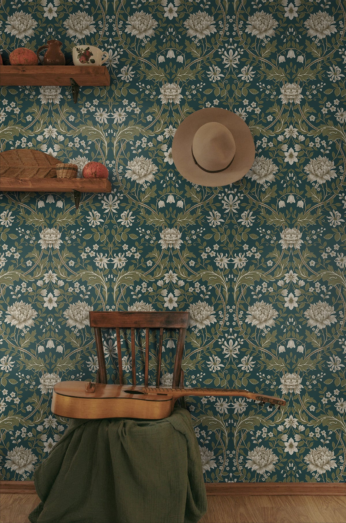 Honeysuckle Trail Teal & Moss Green by NextWall Peel & Stick Vintage Floral Peel & Stick Wallpaper – NextWall NW44604