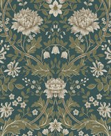 Honeysuckle Trail peel and stick wallpaper in teal with moss green vines and cream floral trail pattern