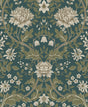 Honeysuckle Trail peel and stick wallpaper in teal with moss green vines and cream floral trail pattern