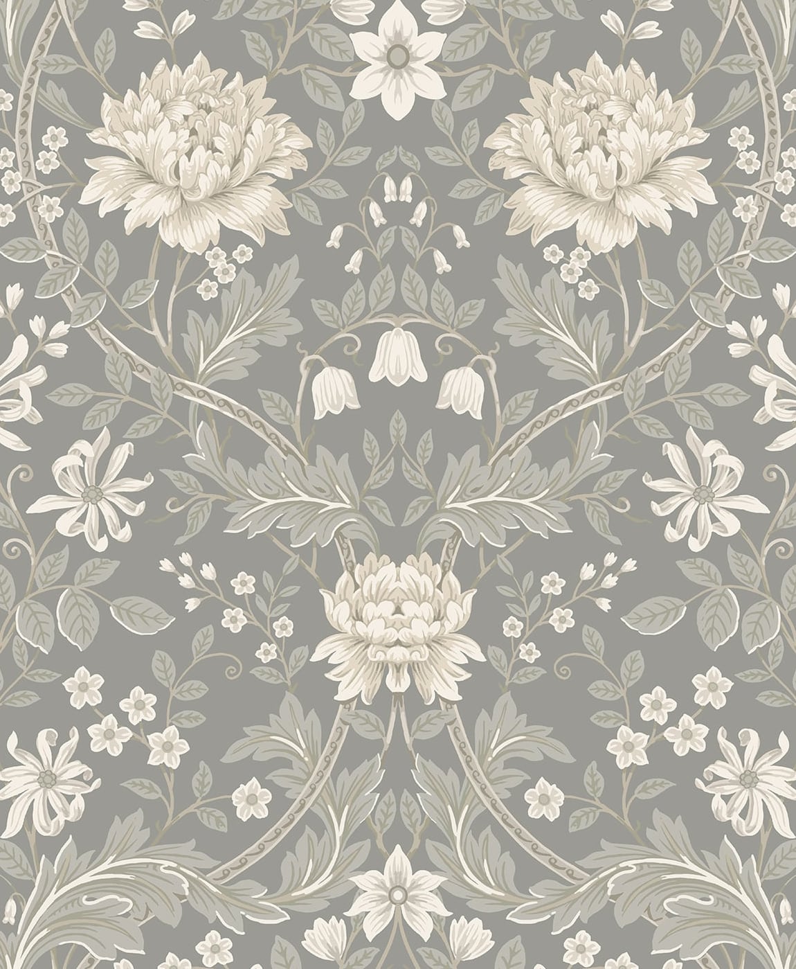Honeysuckle Trail Daydream Grey peel and stick floral wallpaper with vintage botanicals on a grey ground