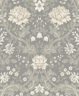 Honeysuckle Trail Daydream Grey peel and stick floral wallpaper with vintage botanicals on a grey ground